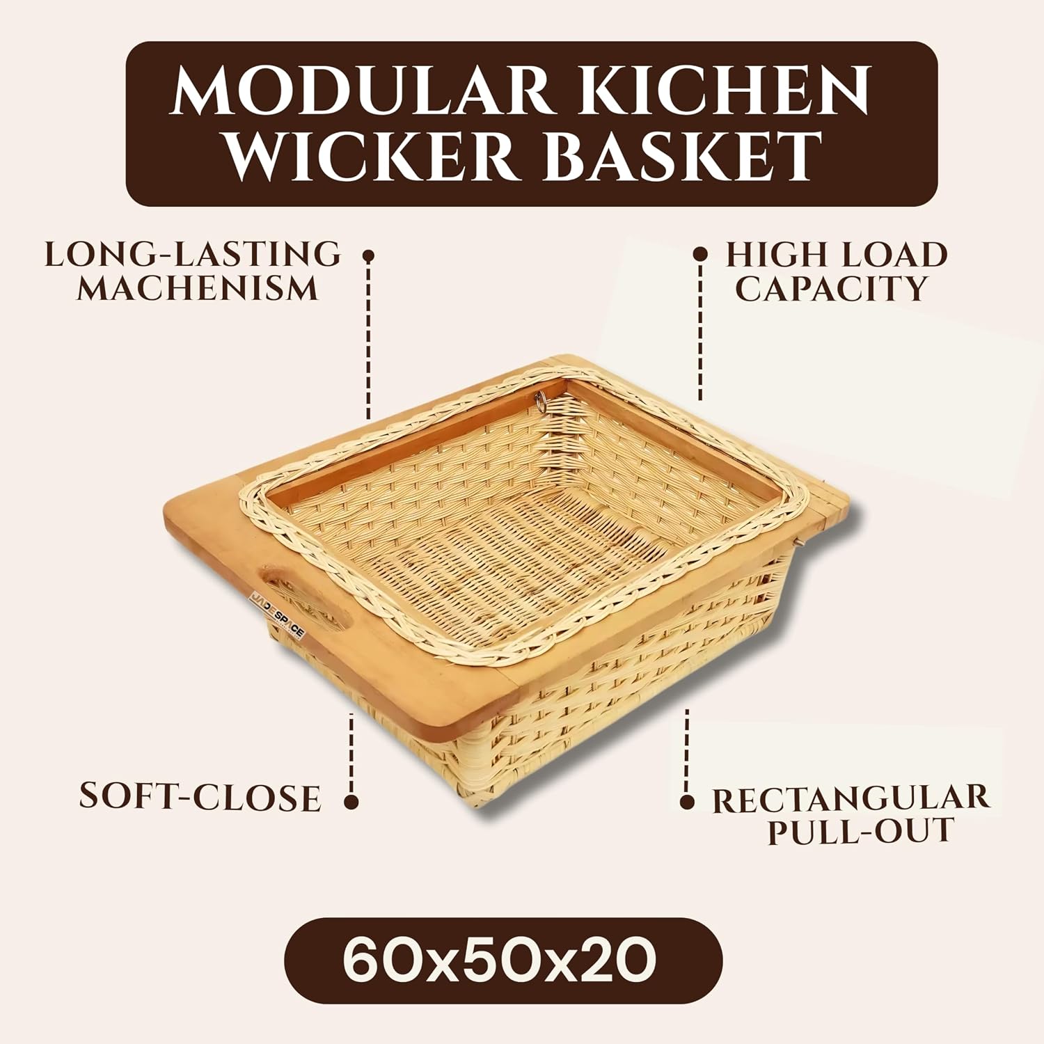 Jadespace Modular Kitchen PVC Wicker Basket – 600x500x200mm, Brown, Rectangular Pull-Out Storage with Soft-Close Channels (200mm, 8H) - Image 4