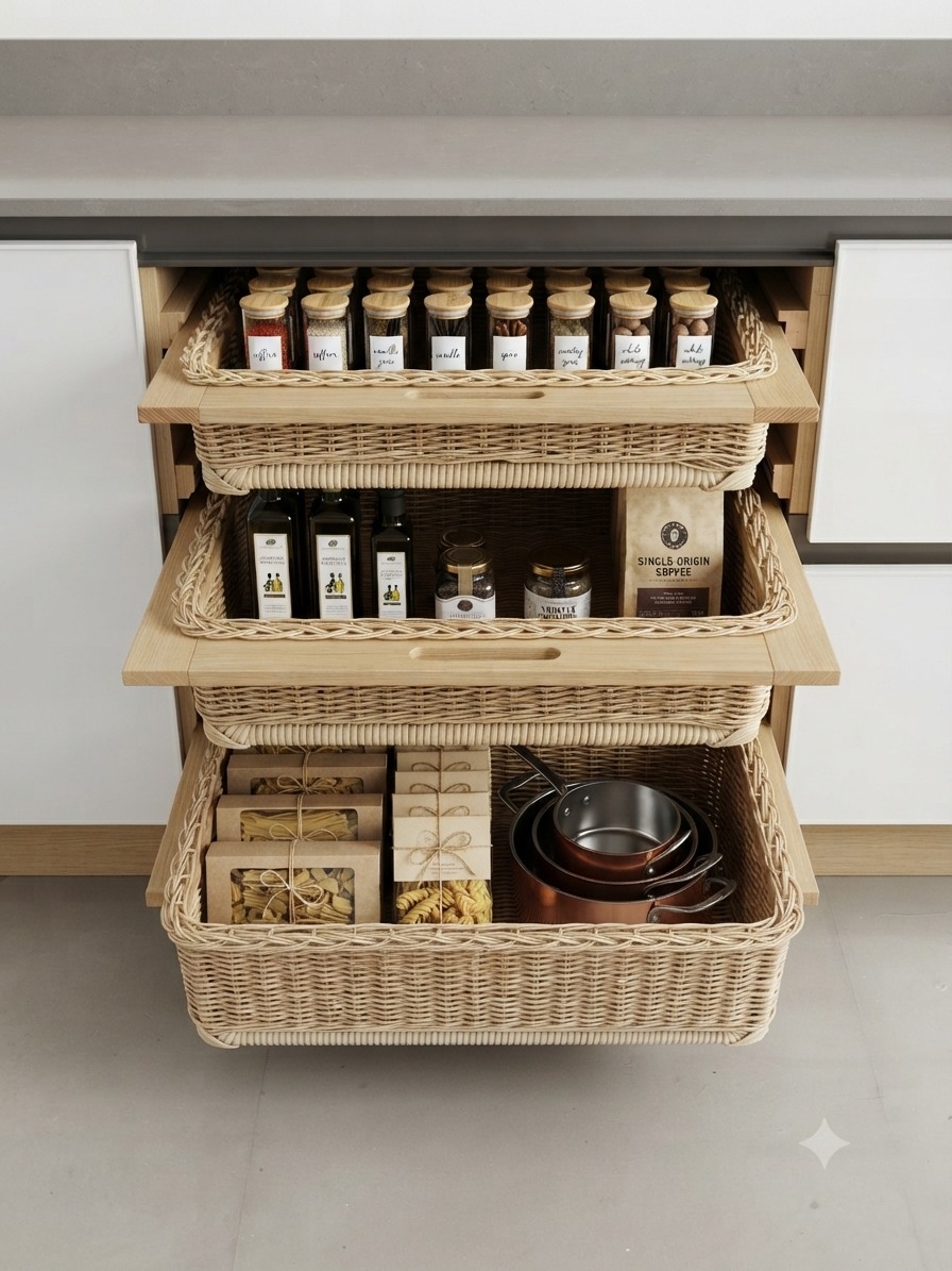 Jadespace Modular Kitchen PVC Wicker Basket – 600x500x200mm, Brown, Rectangular Pull-Out Storage with Soft-Close Channels (200mm, 8H) - Image 2